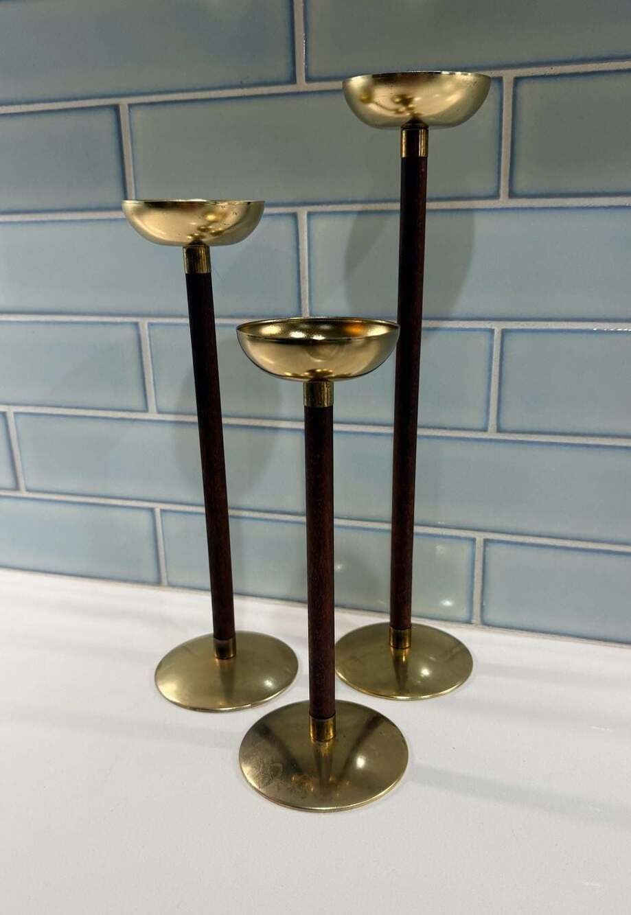 Vintage MCM Brass And Wood Candle Holders Set Of 3